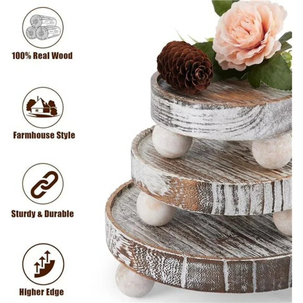 Wood Riser Stand Set Farmhouse Pedestal for Decor Display Candles Plants Cups